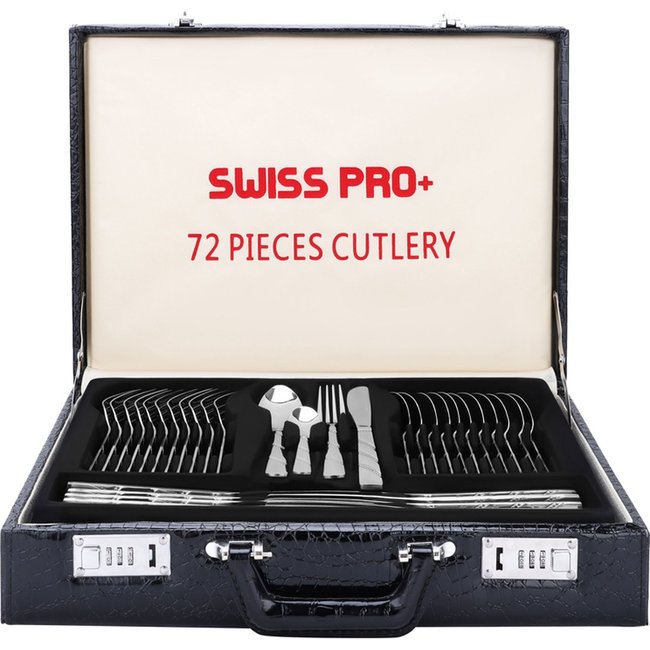 Swiss Pro+ | Bestekset in Koffer - 72 delig - 12 persoons- Zwitsers Kwaliteit - Complete Set - 100% roestvrijstaal - Modern