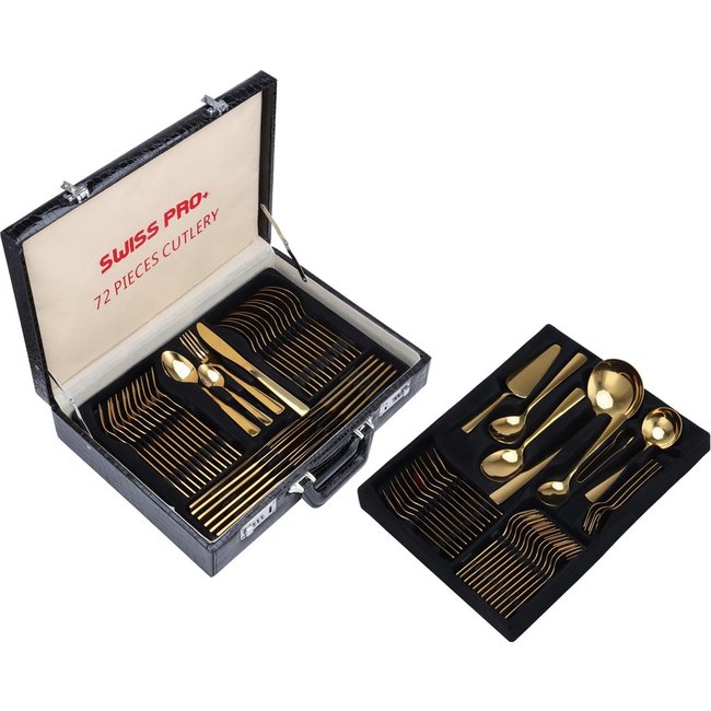 Swiss Pro+ | Bestekset in Koffer - 72 delig - 12 persoons- Zwitsers Kwaliteit - Complete Set - 100% roestvrijstaal - Gold 24K