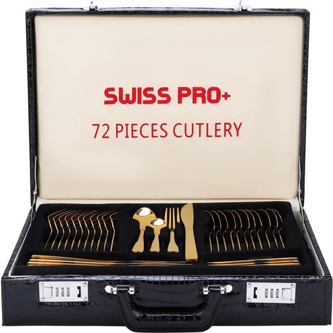 Swiss Pro+ | Bestekset in Koffer - 72 delig - 12 persoons- Zwitsers Kwaliteit - Complete Set - 100% roestvrijstaal - Gold 24K