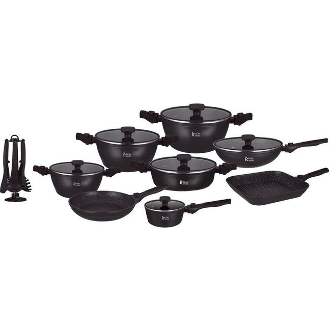 Royal Swiss  | 33 - Delige Steengoed Pannenset | PFAS-vrij – Afneembare handgrepen – Inclusief 6 potten, 2 pannen, 6 deksels en accessoires