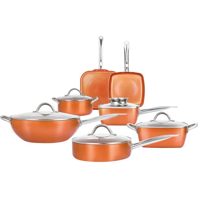 Swiss Homes® | 12 Delige Pannenset Koper - Aluminium - Koper (Pure Copper) - Wok - Steelpan - Glazen Deksel | PFAS-vrij | Limited Edition
