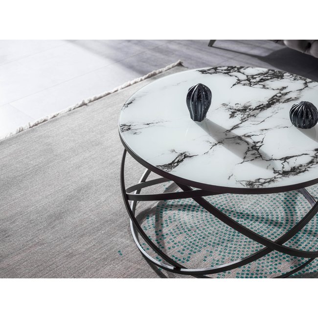 Swiss Homes® Salontafel – Mystic White (Wit) – Marmerlook & Glas – Ø75/Ø75/Ø44 cm – Zwart Metalen Frame