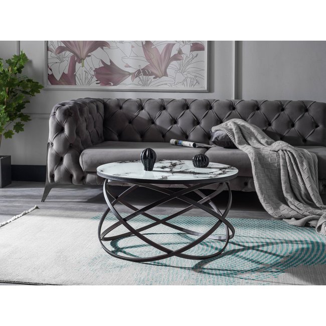 Swiss Homes® Salontafel – Mystic White (Wit) – Marmerlook & Glas – Ø75/Ø75/Ø44 cm – Zwart Metalen Frame