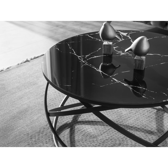 Swiss Homes® Salontafel – Marquana Black (Zwart) – Marmerlook & Glas – Ø75/Ø75/Ø44 cm – Zwart Metalen Frame
