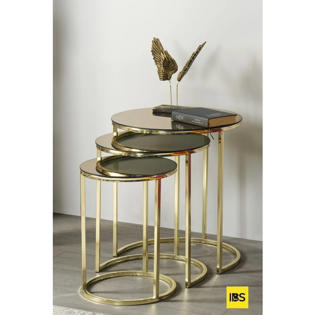 Swiss Homes® Salontafel Set van 3 – Mercury Gold – Glas – Ø50/Ø50/Ø55 cm – Goud Metalen Frame – Limited Model