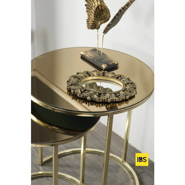 Swiss Homes® Salontafel Set van 3 – Mercury Gold – Glas – Ø50/Ø50/Ø55 cm – Goud Metalen Frame – Limited Model