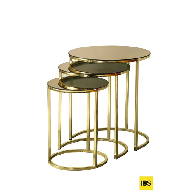 Swiss Homes® Salontafel Set van 3 – Mercury Gold – Glas – Ø50/Ø50/Ø55 cm – Goud Metalen Frame – Limited Model