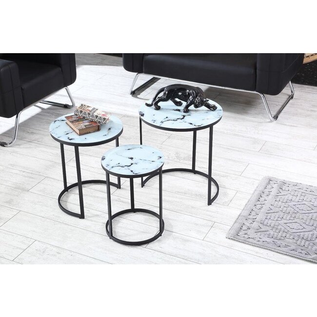 Swiss Homes® Salontafel Set van 3 – Mystic White – Marmerlook Glas – Ø50/Ø50/Ø55 cm – Zwart Metalen Frame