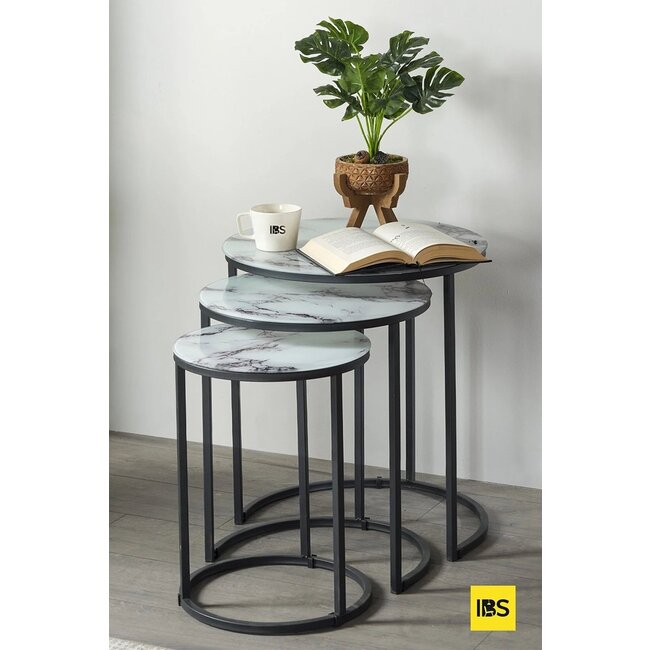 Swiss Homes® Salontafel Set van 3 – Mystic White – Marmerlook Glas – Ø50/Ø50/Ø55 cm – Zwart Metalen Frame
