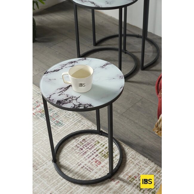 Swiss Homes® Salontafel Set van 3 – Mystic White – Marmerlook Glas – Ø50/Ø50/Ø55 cm – Zwart Metalen Frame