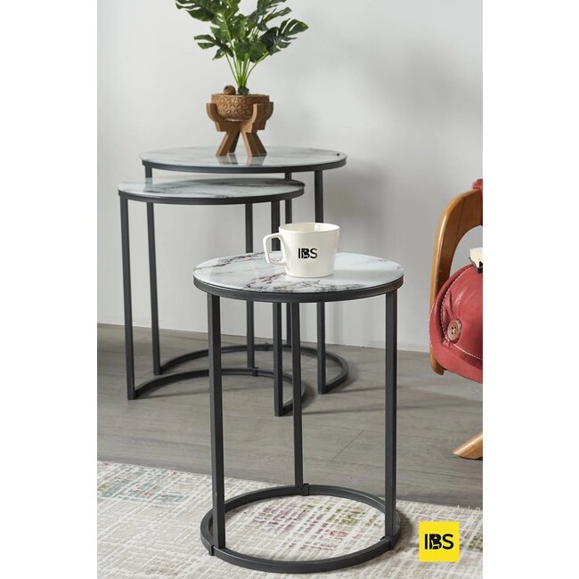 Swiss Homes® Salontafel Set van 3 – Mystic White – Marmerlook Glas – Ø50/Ø50/Ø55 cm – Zwart Metalen Frame