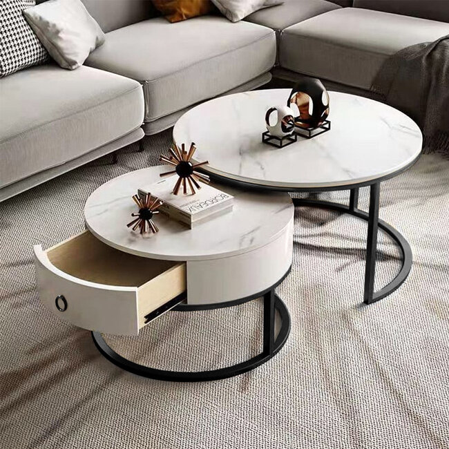 Swiss Homes® Venus Series – Salontafel Set van 2 – Mystic White (Wit) – Marmerlook – Ø70/Ø70/Ø45 cm – Luxe Design