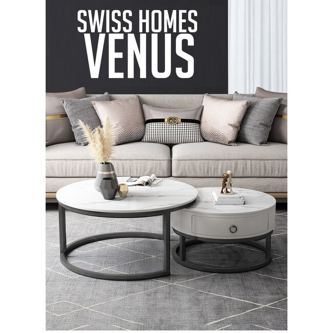 Swiss Homes® Venus Series – Salontafel Set van 2 – Mystic White (Wit) – Marmerlook – Ø70/Ø70/Ø45 cm – Luxe Design