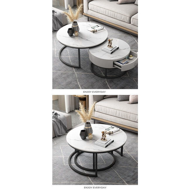Swiss Homes® Venus Series – Salontafel Set van 2 – Mystic White (Wit) – Marmerlook – Ø70/Ø70/Ø45 cm – Luxe Design