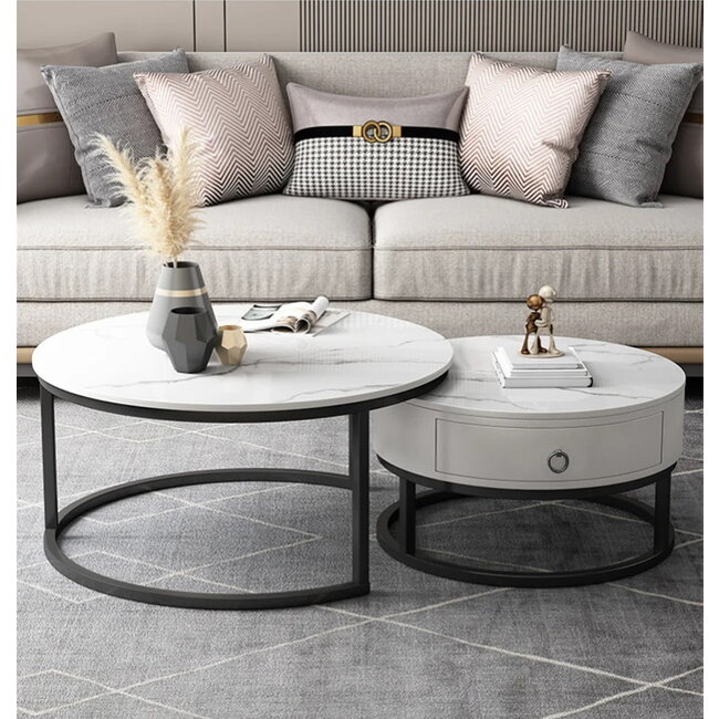 Swiss Homes® Venus Series – Salontafel Set van 2 – Mystic White (Wit) – Marmerlook – Ø70/Ø70/Ø45 cm – Luxe Design
