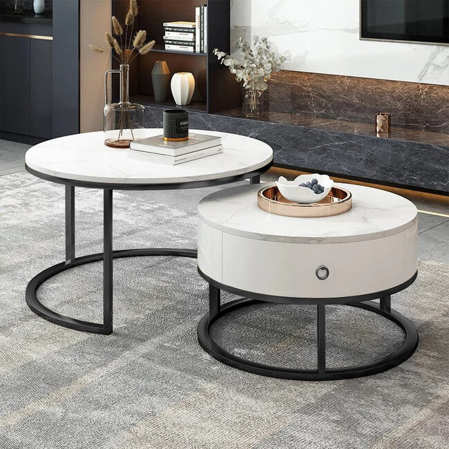 Swiss Homes® Venus Series – Salontafel Set van 2 – Mystic White (Wit) – Marmerlook – Ø70/Ø70/Ø45 cm – Luxe Design