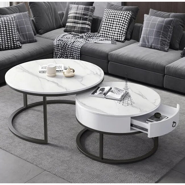 Swiss Homes® Venus Series – Salontafel Set van 2 – Mystic White (Wit) – Marmerlook – Ø70/Ø70/Ø45 cm – Luxe Design