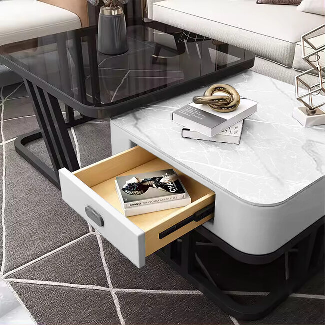 Swiss Homes® Square Series – Luxe Salontafels - Set van 2 – Marmerlook & Glas – Mystic White – Vierkant