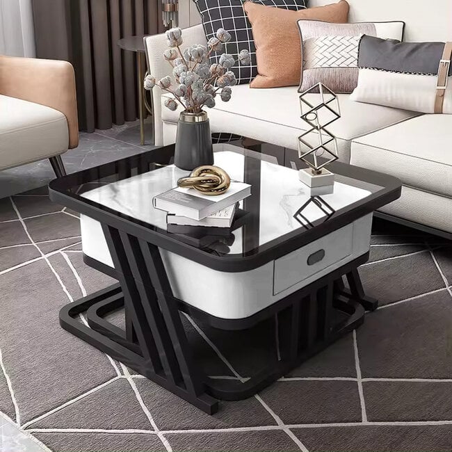 Swiss Homes® Luxe Salontafel Set – Wit - 2 Delig | Marmerlook & Glas | Square Series