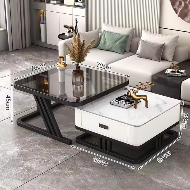 Swiss Homes® | Luxe Salontafel - Marmer Look & Glas - Set van 2   | Mystic White - Square