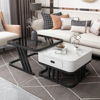 Swiss Homes® Luxe Salontafel - Marmer Look & Glas - Set van 2   | Mystic White - Square
