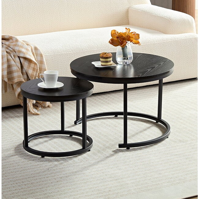 Swiss Homes® Salontafel Set van 2 - Hout - Zwart - Industrieel - Ø60 / Ø 60 / Ø 45 cm