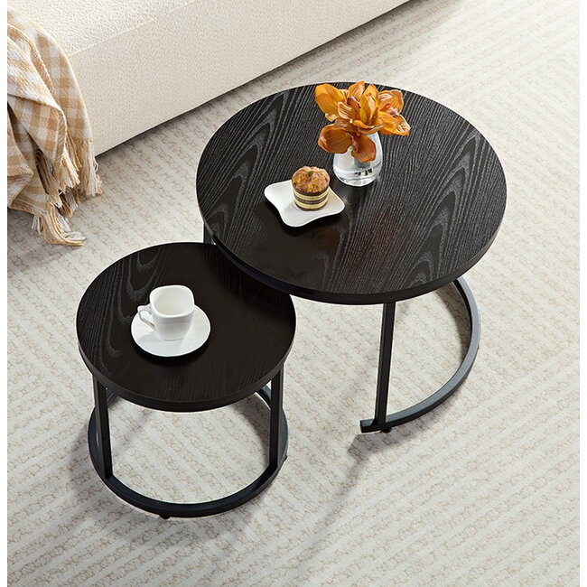 Swiss Homes® Salontafel Set van 2 - Hout - Zwart - Industrieel - Ø60 / Ø 60 / Ø 45 cm