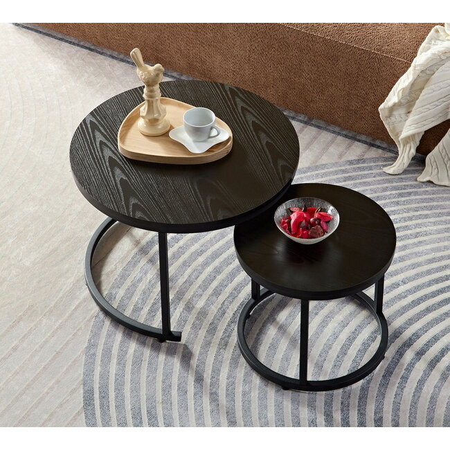 Swiss Homes® Salontafel Set van 2 - Hout - Zwart - Industrieel - Ø60 / Ø 60 / Ø 45 cm
