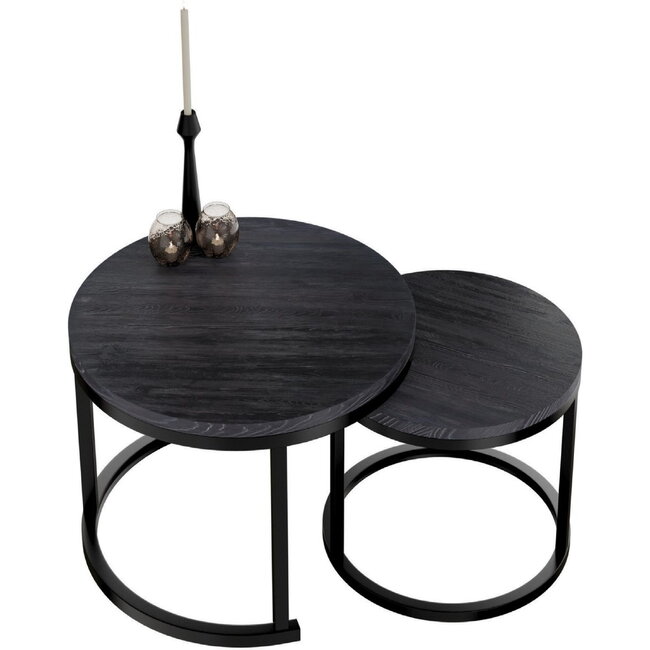 Swiss Homes® Salontafel Set van 2 - Hout - Zwart - Industrieel - Ø60 / Ø 60 / Ø 45 cm
