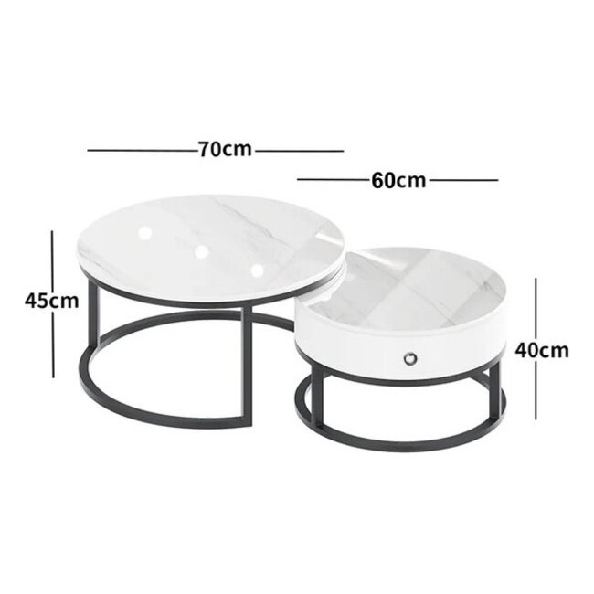 Swiss Homes® Venus Series – Salontafel Set van 2 – Mystic White (Wit) – Marmerlook – Ø70/Ø70/Ø45 cm – Luxe Design