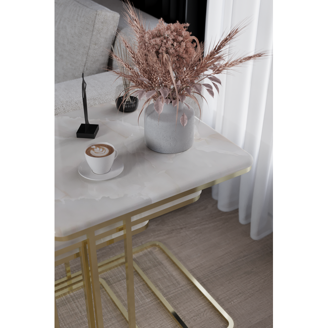 Swiss Homes® Aurora Series – Salontafel/Bijzettafel Set van 3 – Calacatta Gold – Wit & Goud – Luxe Design