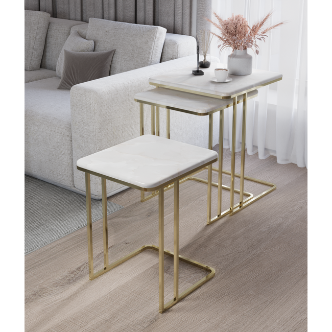 Swiss Homes® Aurora Series – Salontafel/Bijzettafel Set van 3 – Calacatta Gold – Wit & Goud – Luxe Design