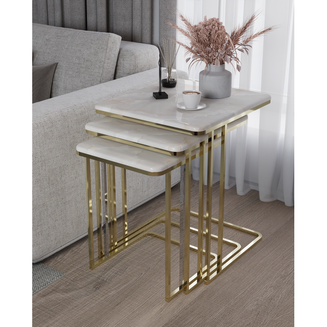 Swiss Homes® Aurora Series – Salontafel/Bijzettafel Set van 3 – Calacatta Gold – Wit & Goud – Luxe Design