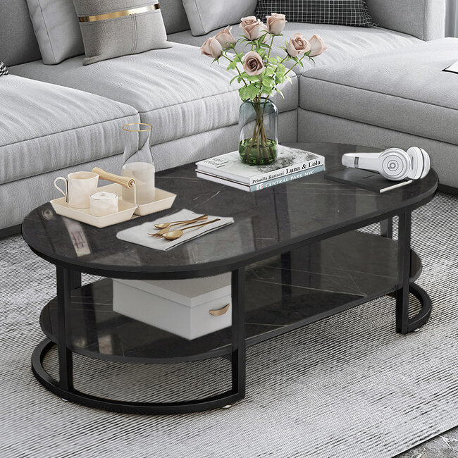 Swiss Homes® Zarix Series – Salontafel – Marquana Black (Zwart) – Ovaal/Rond – Twee-laags – Luxe Design