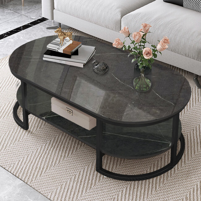 Swiss Homes® Zarix Series – Salontafel – Marquana Black (Zwart) – Ovaal/Rond – Twee-laags – Luxe Design