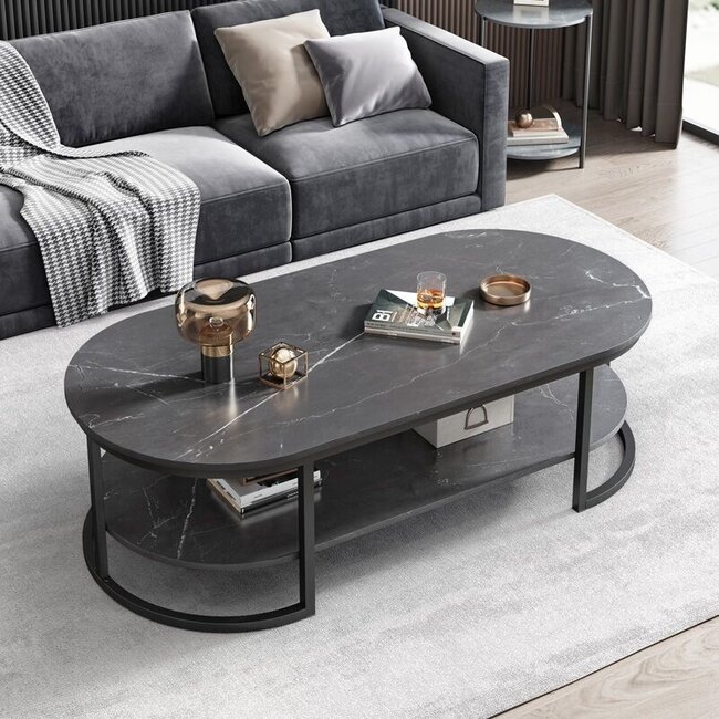 Swiss Homes® Zarix Series – Salontafel – Marquana Black (Zwart) – Ovaal/Rond – Twee-laags – Luxe Design