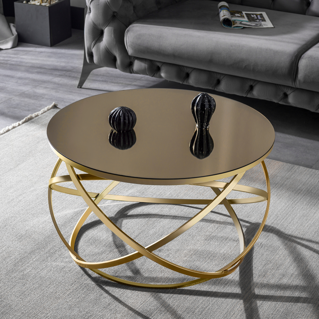 Swiss Homes® Luxe Salontafel – Shadow Gold – Gehard Glas – Ø75 CM – Goud Metalen Frame