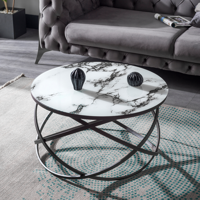 Swiss Homes® Salontafel – Mystic White (Wit) – Marmerlook & Glas – Ø75/Ø75/Ø44 cm – Zwart Metalen Frame