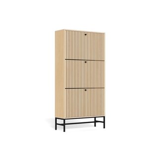 Schoenenkast Vela Oak – 3 Lades – Eikenlook Lamellen – 71,6 x 25 x 140,4 cm – Zwart Staal