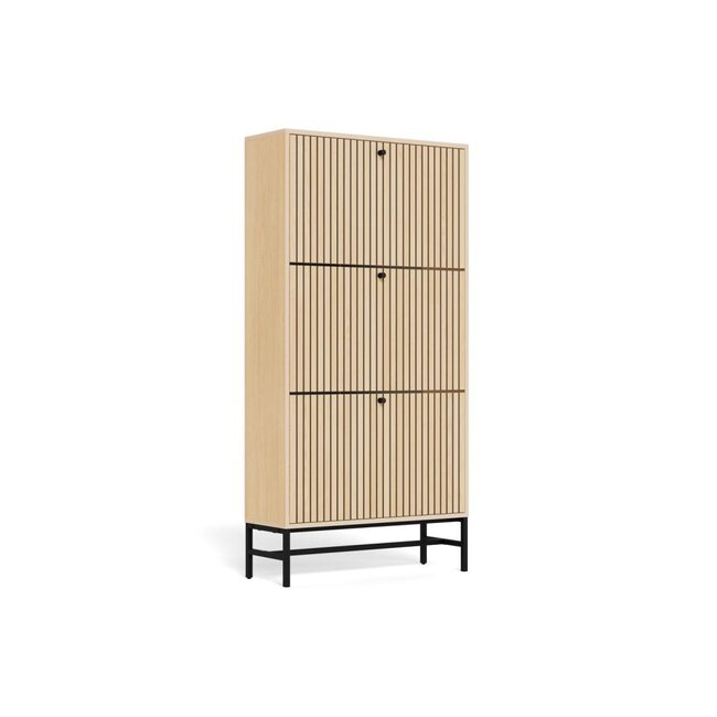 Schoenenkast Vela Oak – 3 Lades – Eikenlook Lamellen – 71,6 x 25 x 140,4 cm – Zwart Staal