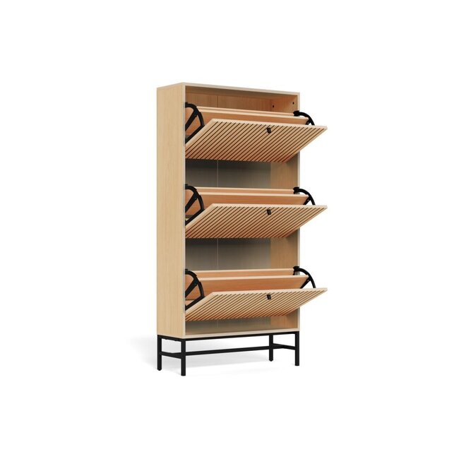 Schoenenkast Vela Oak – 3 Lades – Eikenlook Lamellen – 71,6 x 25 x 140,4 cm – Zwart Staal