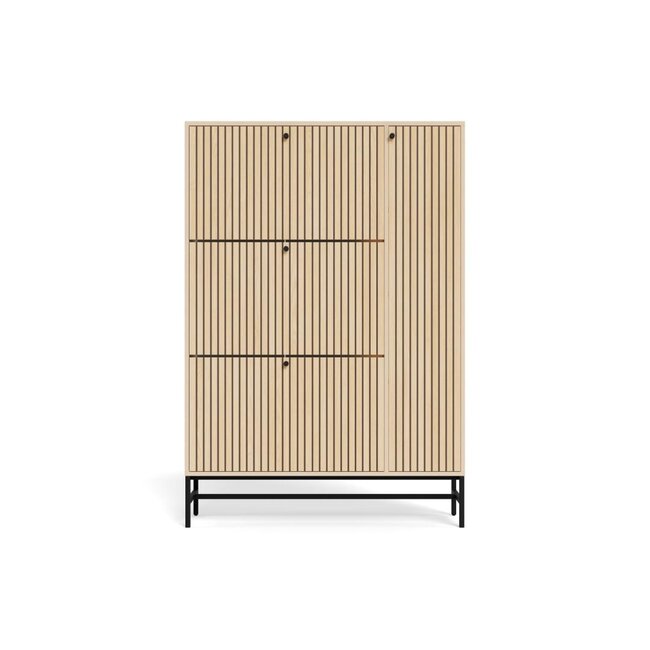 Schoenenkast Vela Oak XL – 3 + 1 Lades – Eikenlook Lamellen – 71,6 x 25 x 140,4 cm – Zwart Staal