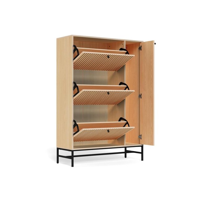Schoenenkast Vela Oak XL – 3 + 1 Lades – Eikenlook Lamellen – 71,6 x 25 x 140,4 cm – Zwart Staal