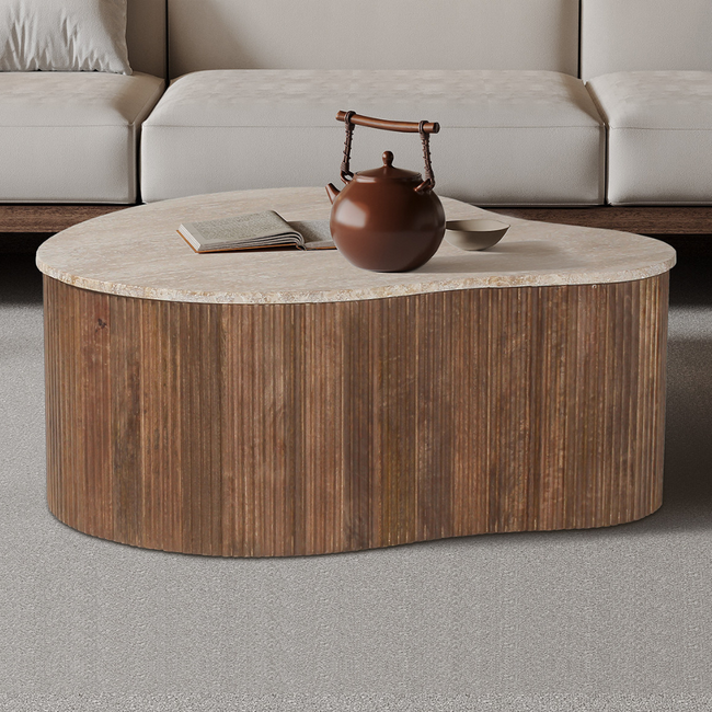 Swiss Homes® Salontafel Japandi 'Paul' 83 CM - Mango Hout met Travertin Beige