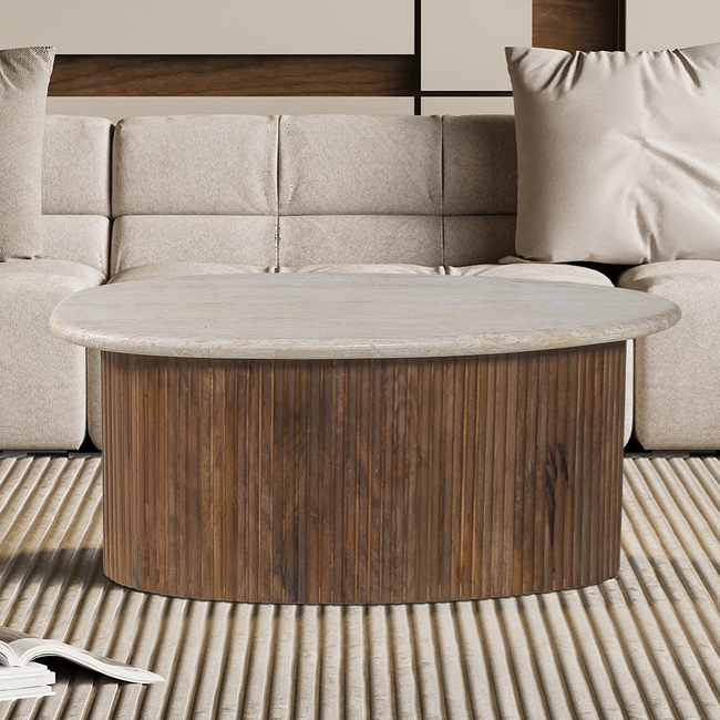 Swiss Homes® Salontafel Japandi 'Louis' 90 CM - Mango hout met Travertin Beige