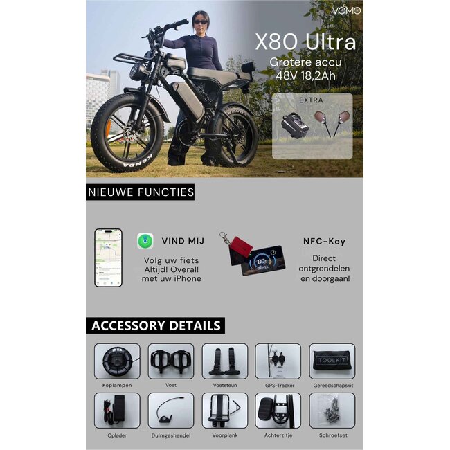 OUXI®  X80 UTLRA | Fatbike - Elektrische Fiets - 130 km Bereik - 25 km/u - 250W E-Bike - Alarmsysteem - GPS Locatie - NFC Unlock  - Special Edition