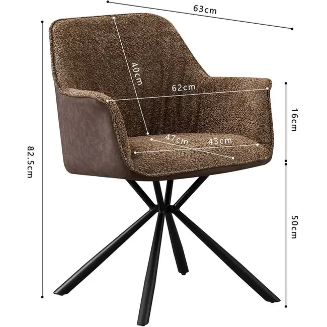 Swiss Homes® Eetkamerstoel - Stoel 'Lucie' Bouclé Zand Rug PU Bruin | Metalen Poten