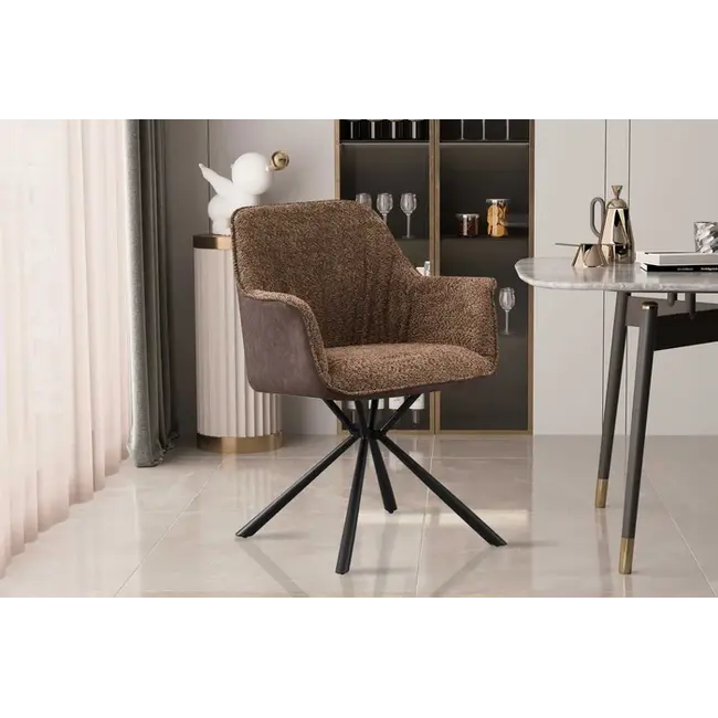 Swiss Homes® Eetkamerstoel - Stoel 'Lucie' Bouclé Zand Rug PU Bruin | Metalen Poten