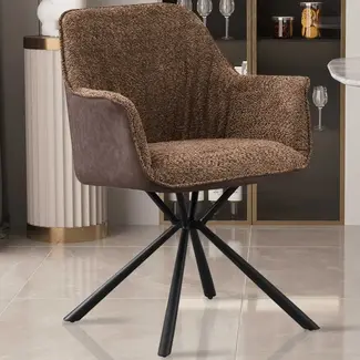 Swiss Homes® Eetkamerstoel - Stoel 'Lucie' Bouclé Zand Rug PU Bruin | Metalen Poten