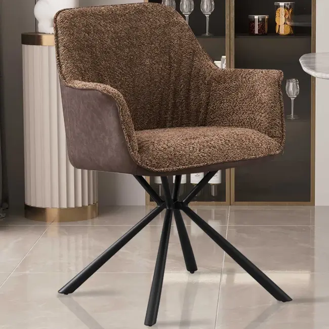 Swiss Homes® Eetkamerstoel - Stoel 'Lucie' Bouclé Zand Rug PU Bruin | Metalen Poten